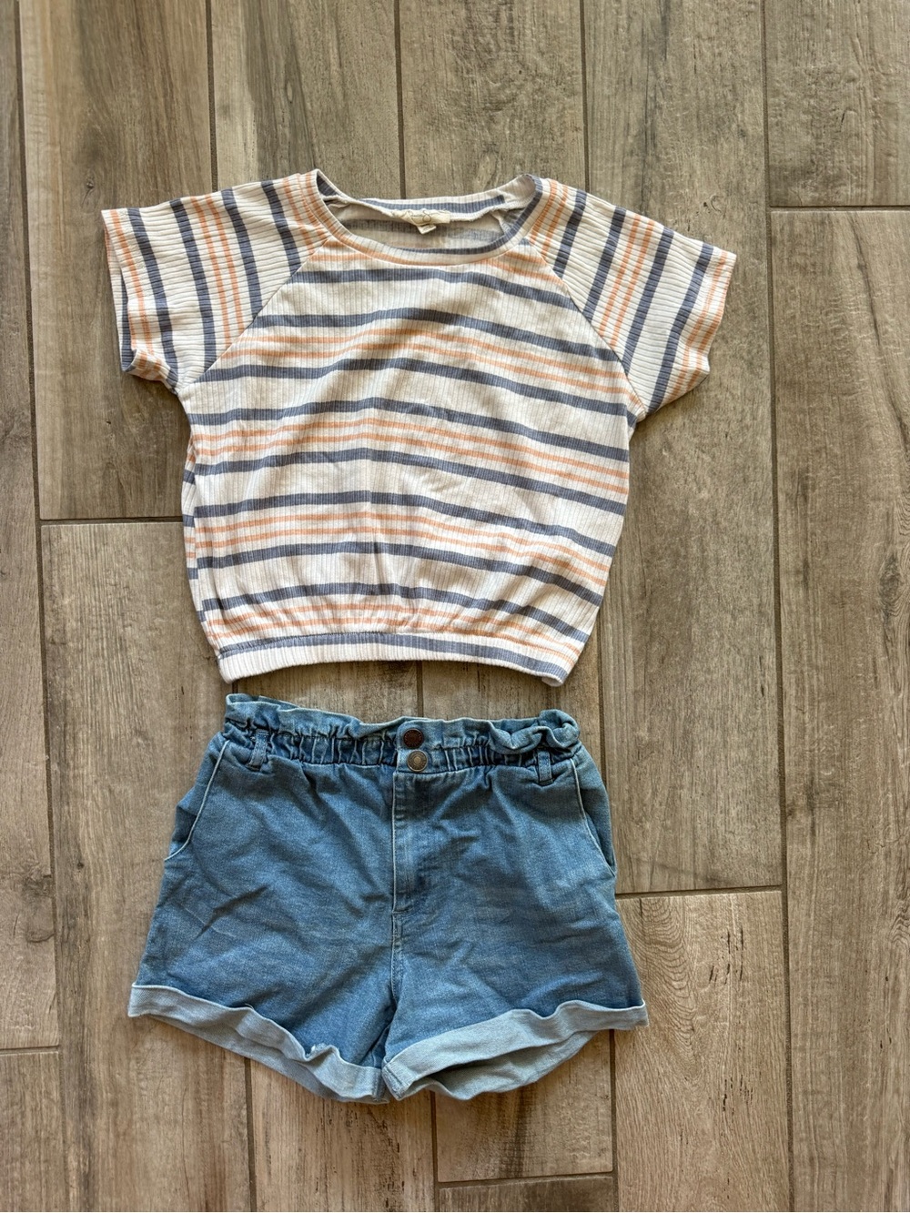 Cream striped top with blue and orange stripes + denim blue shorts